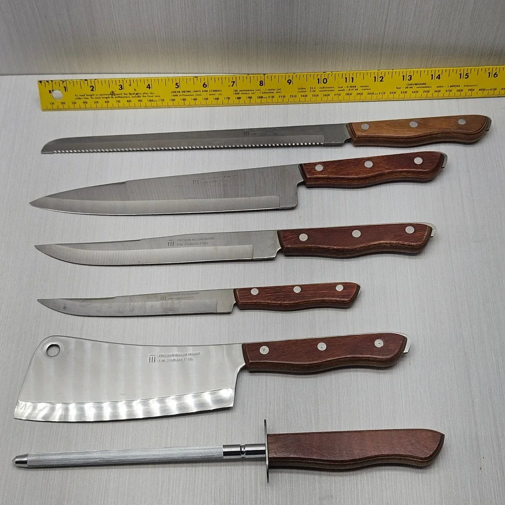 Vintage Precision Hollow Ground Stainless Steel Knife Set 6pc Cleaver Wood
